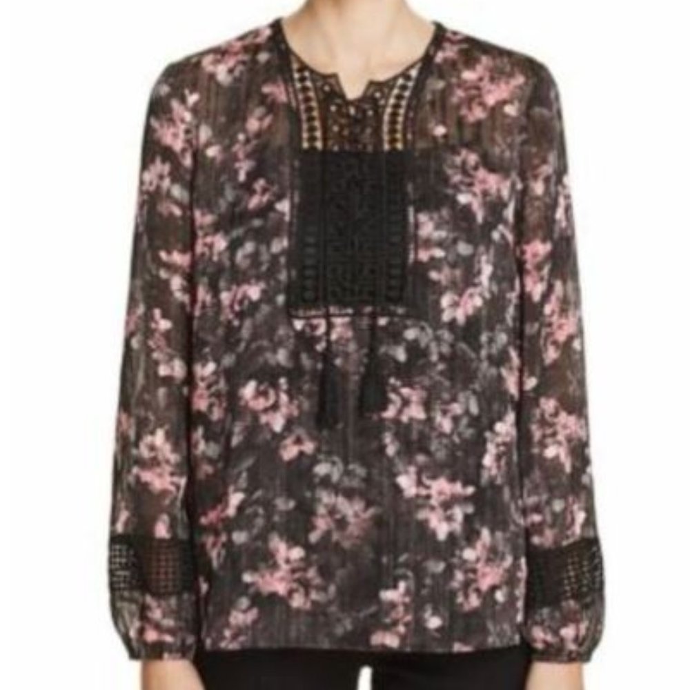 Blouse- T Tahari Women's Lace Up Linda Peasant Long Sleeve Blouse Black